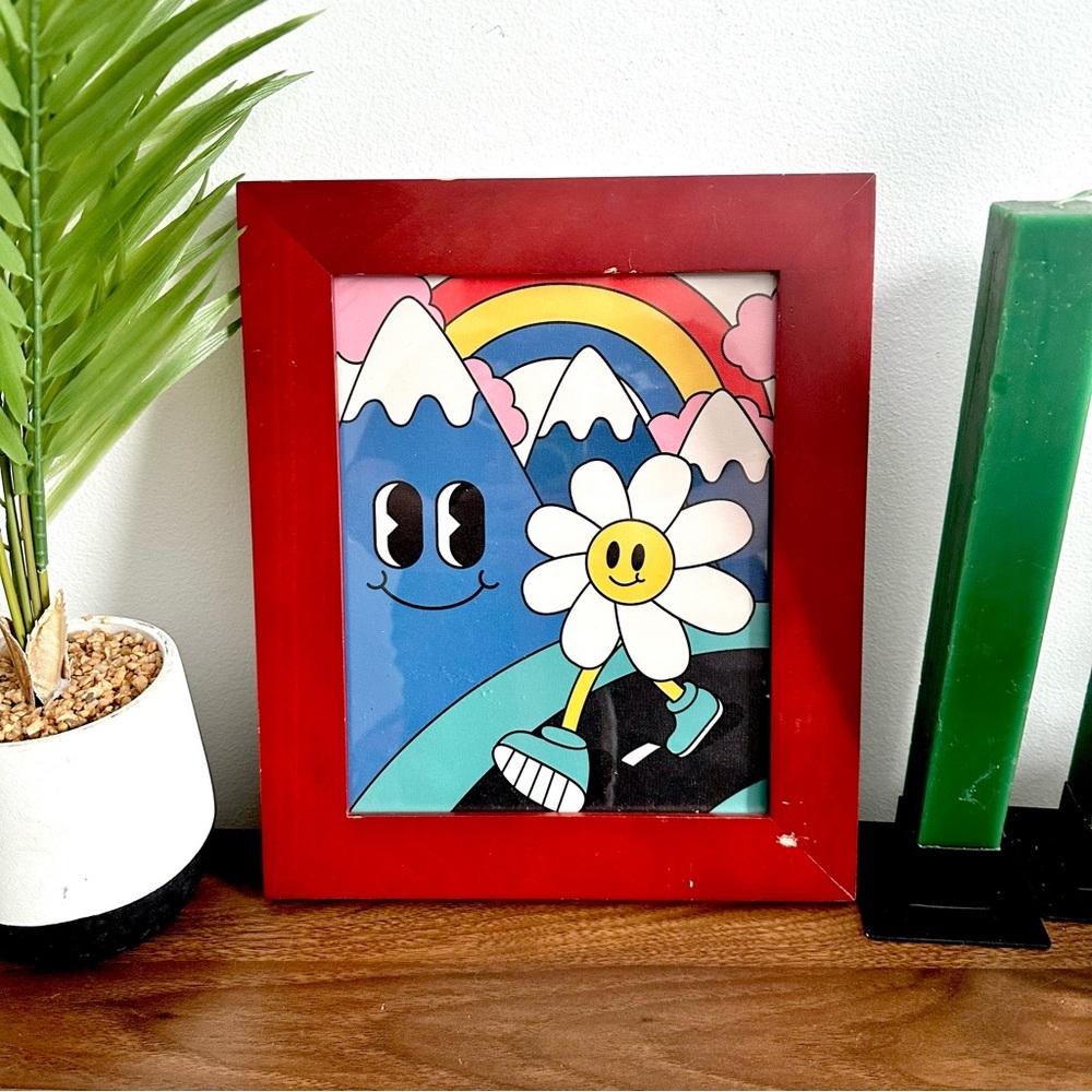 Trippy Adventure Smiley Face Flower Canvas Wall Art Mountain Framed Print Groovy